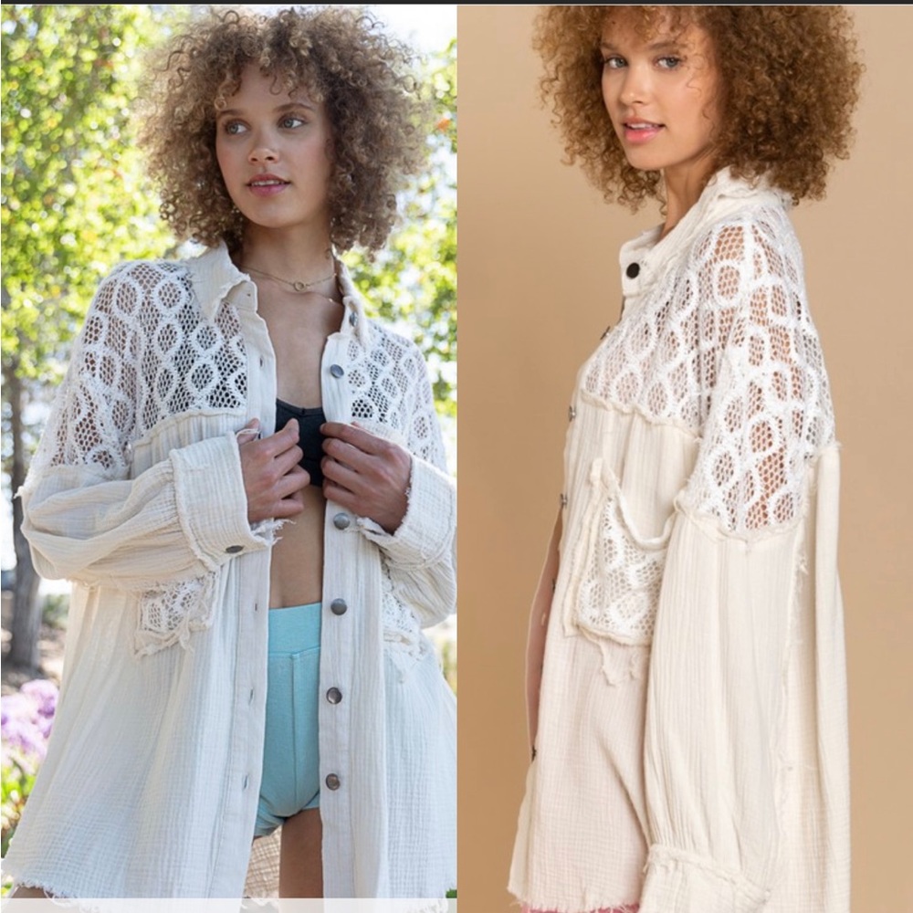 073. Woman’s Gauze Top Lace Shacket in Natural